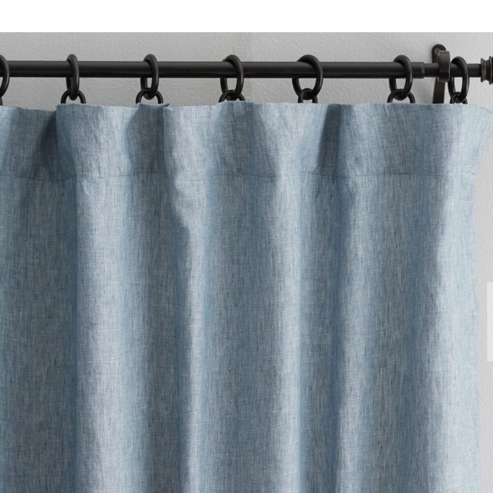 Pottery Barn Classic Belgian Flax Linen Curtain w/ Blackout Lining Blue Chambray
